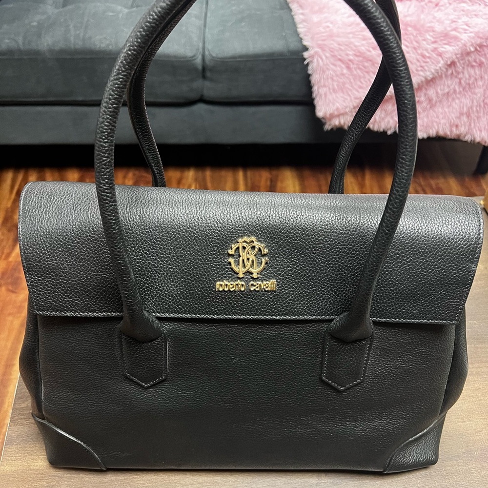 Roberto Cavalli Black Tote with Gold Accents